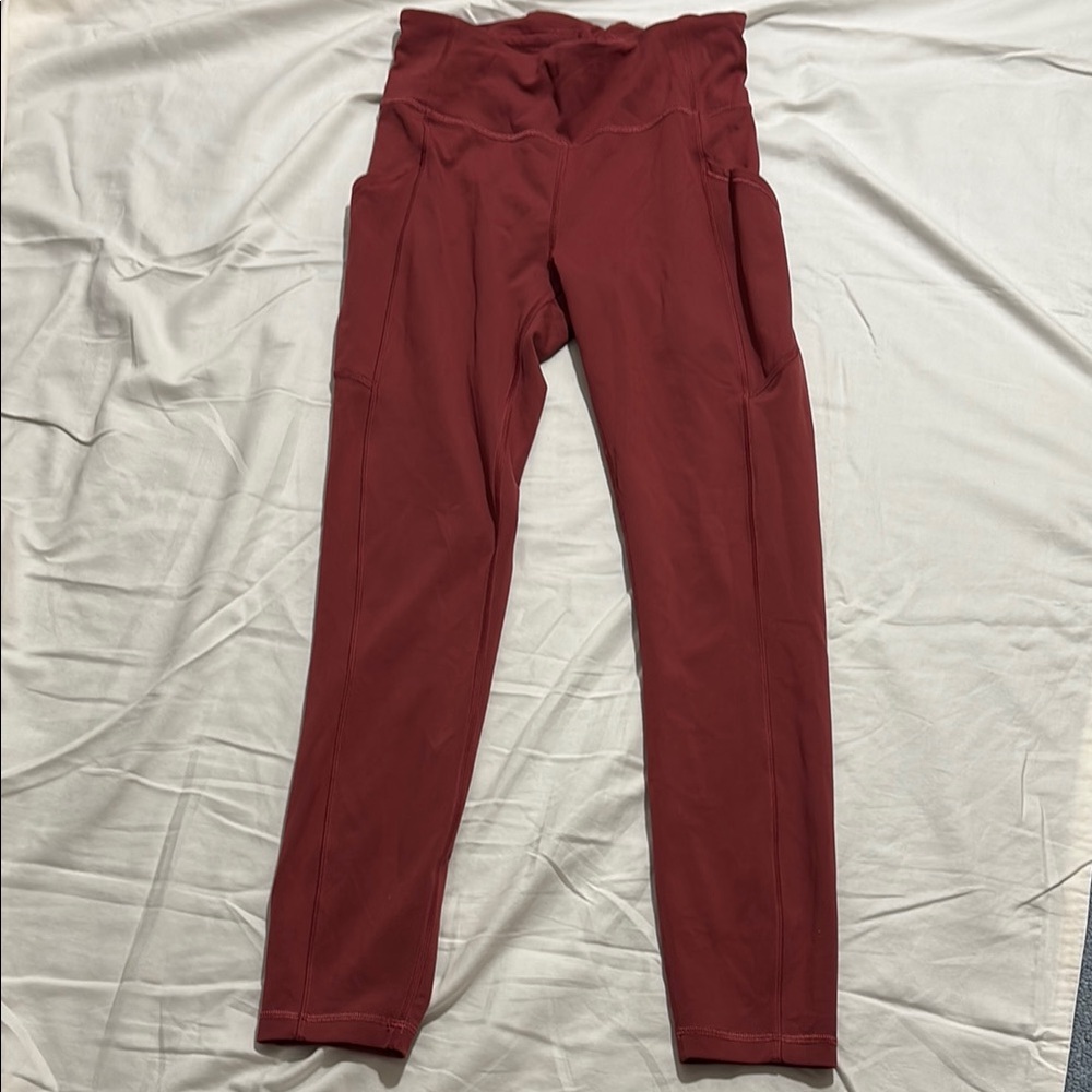 Lululemon Wunder Train Burgundy High Rise Tight Leggings with Pockets 25”